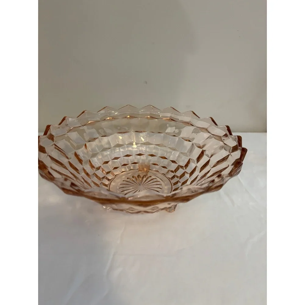 Vintage Pink Depression Glass Diamond Point Footed Bowl Sawtooth Rim